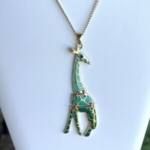 Gold Tone Green Enamel Articulated Giraffe Pendant Necklace Statement Jewelry